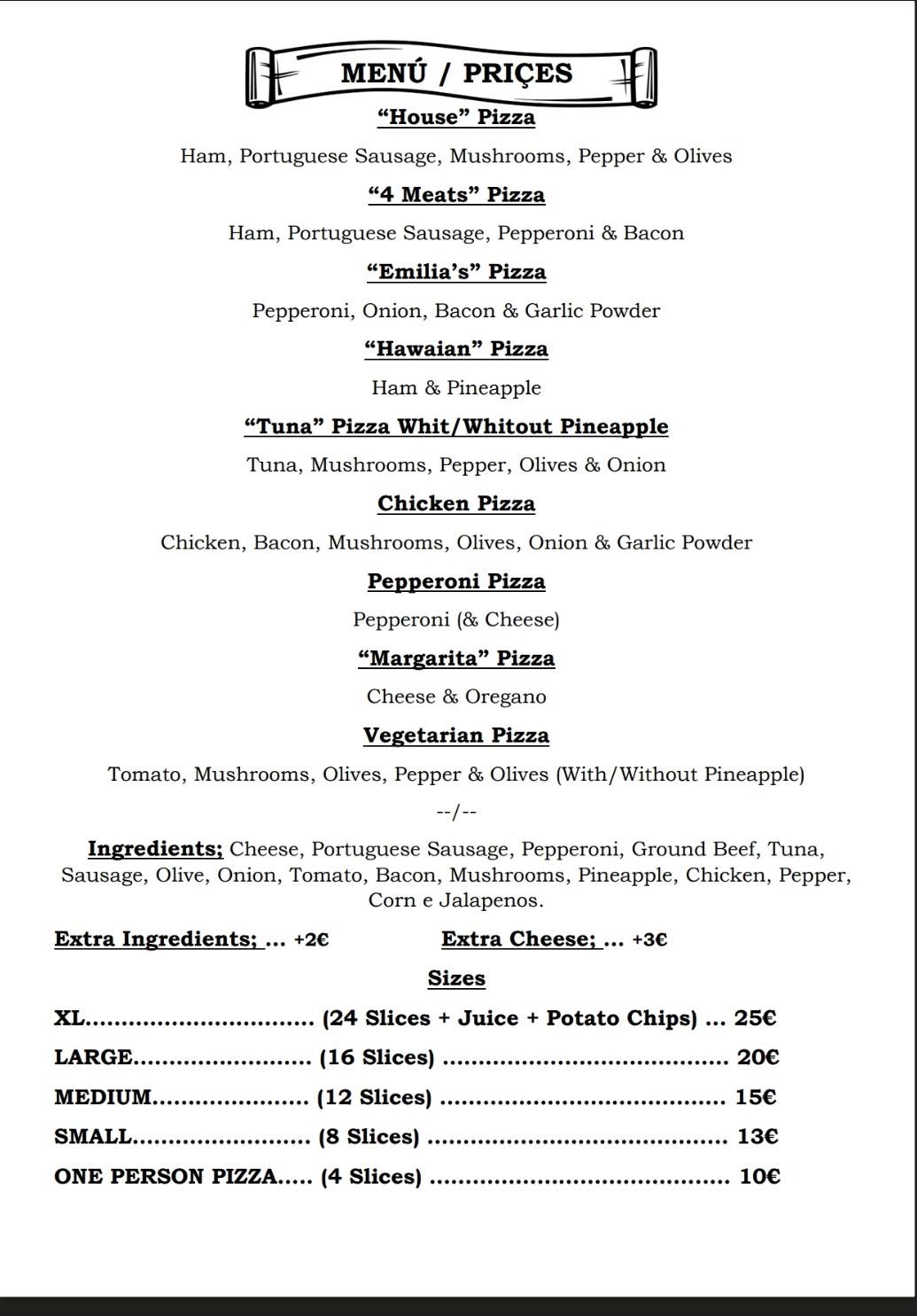 Menu Pizzaria O Cantinho em inglês