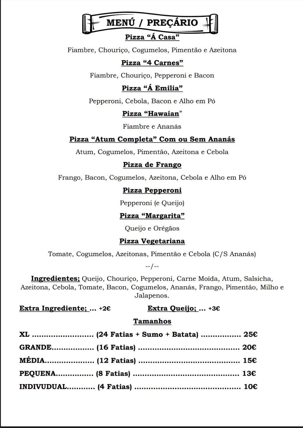 Menu Pizzaria O Cantinho em português
