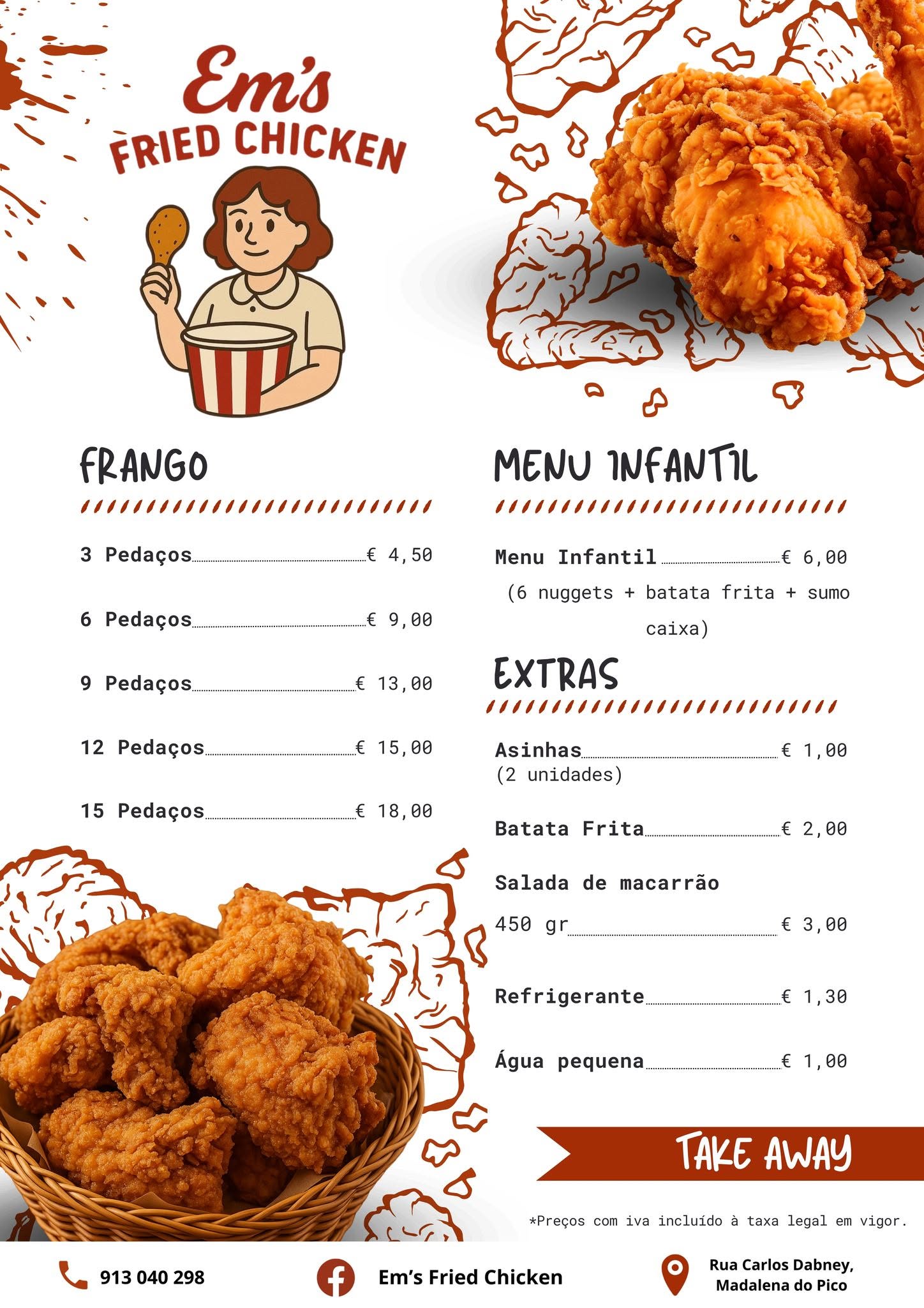 Menu Em's Fried Chicken em português