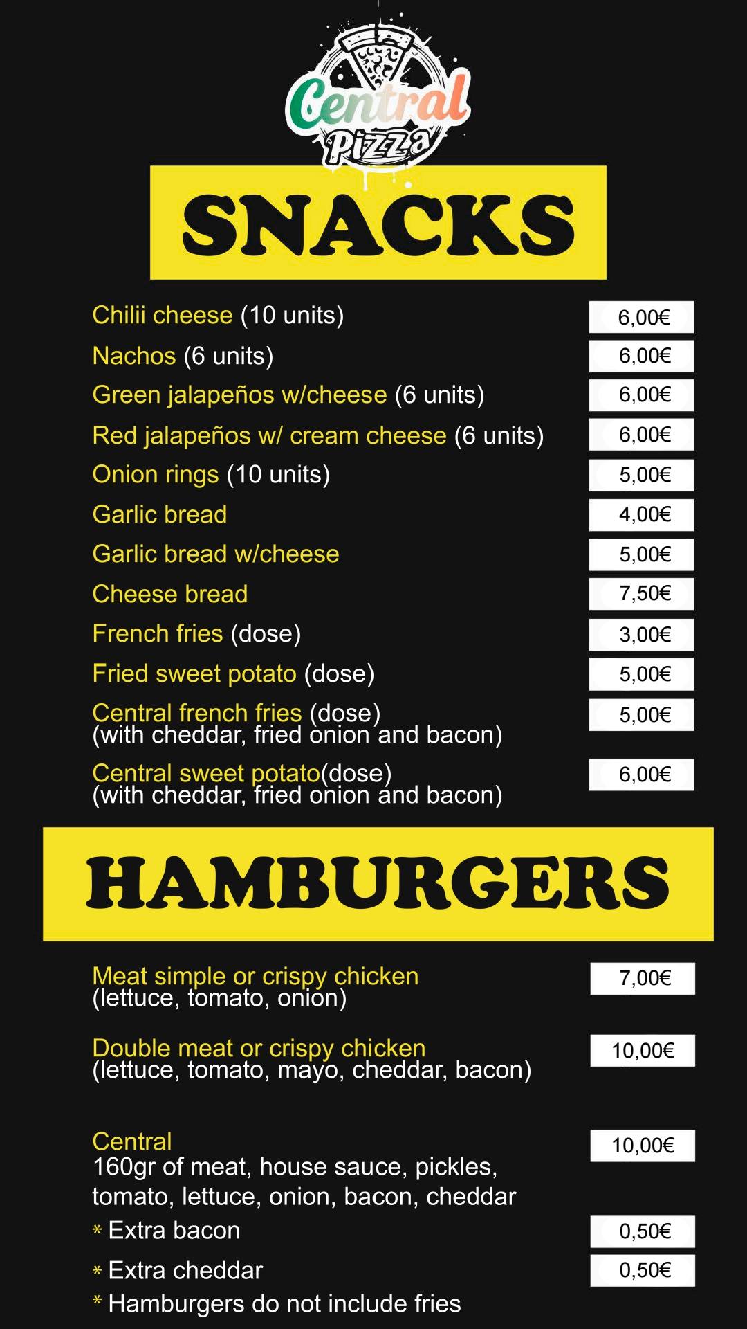 Menu snacks e hamburgers Central Pizza